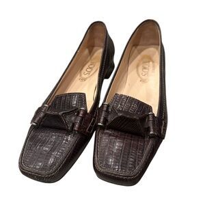 Tod's Dark Brown Croc-Embossed Loafers